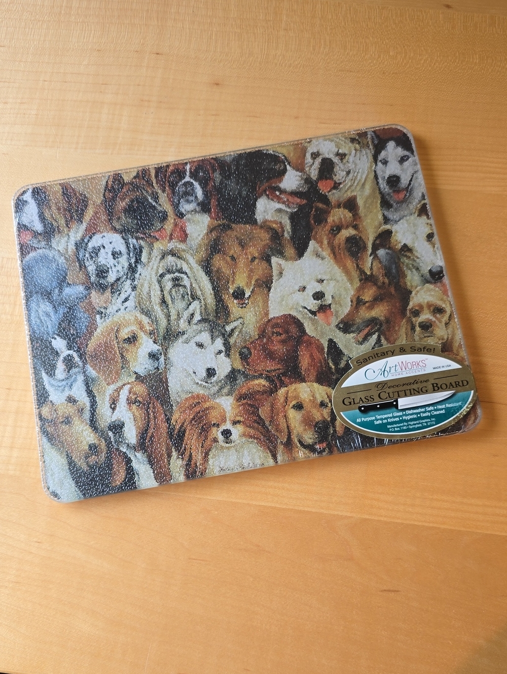 New Multicolor Dog Pattern Glass Cutting Board, NWT